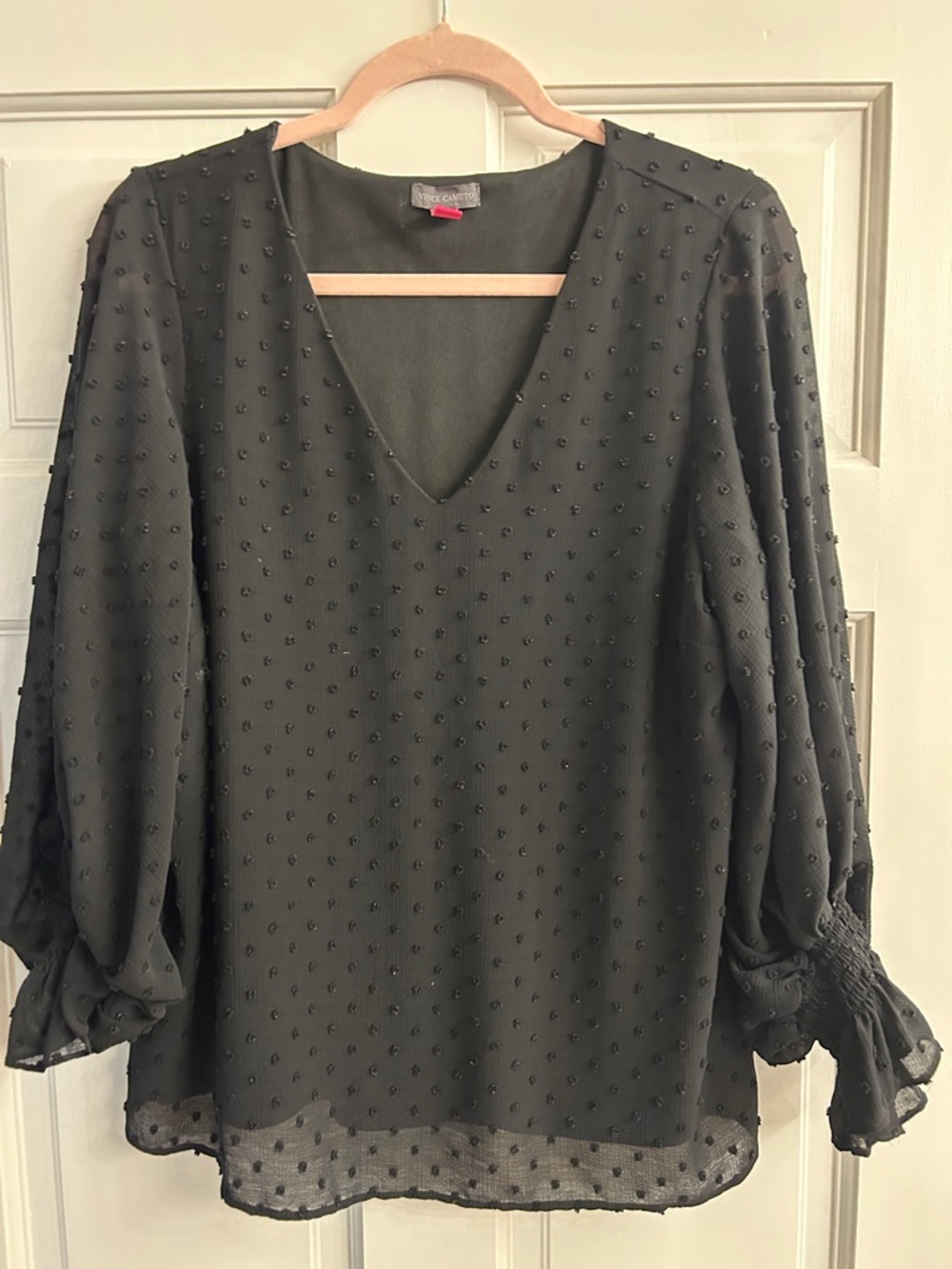 Vince Camuto Black Textured Swiss Dot V-Neck Blouse